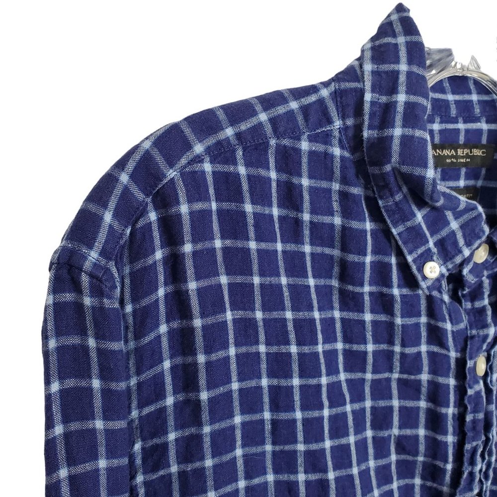 Banana Republic Mens Size L Shirt 100% Linen Camden Standard Fit Windowpane Blue - Picture 10 of 12